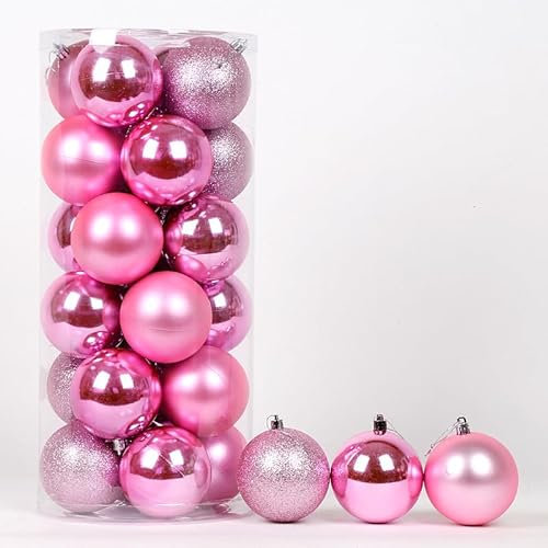 24Pcs Christmas Tree Balls Ornaments, 4cm Colored Shatterproof Plastic Decorative Baubles for Xmas Tree Decor Holiday Party Wedding Decoration (Pink)