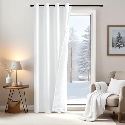 EMEMA Blickdichte Vorhänge Doppellagige Thermovorhang Wärmeisolierend Kälteschutz Verdunklungsvorhang 1 Stück Vorhang Hängend Raumteiler Türvorhang den Wind, Kälteschutzvorhang Winter 260x132 Weiß