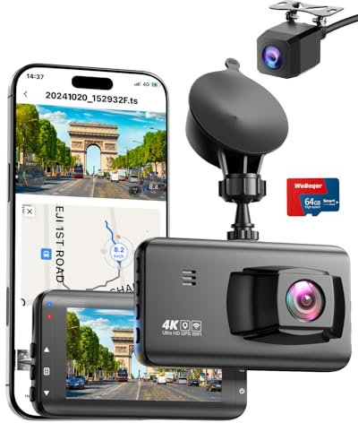 Dashcam Auto Vorne Hinten 4K, Dashcam Auto mit GPS, WiFi Dash Cam mit 64GB SD Karte, 170° +140° Weitwinkel, Parküberwachung, Nachtsicht, WDR, 3 IPS, G-Sensor, Loop-Aufnahme, APP Steuerung, Max 256GB