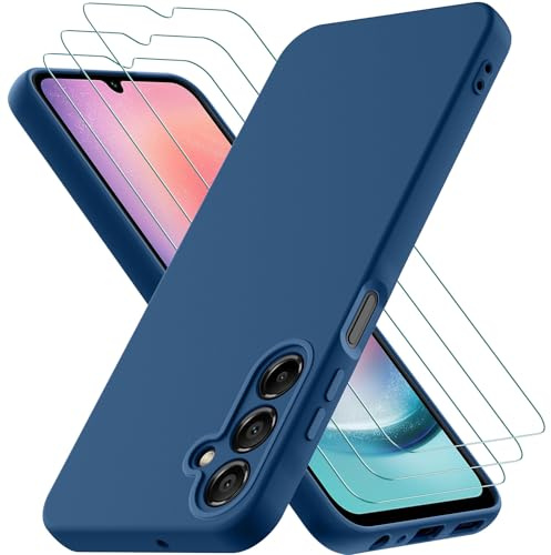 Cover per Samsung Galaxy A25 5G con 3 Pezzi Pellicola Vetro Temperato, Custodia in Morbida Silicone Liquido, Sottile e Antiurto con Rivestimento in Microfibra AntiGraffio, Blu