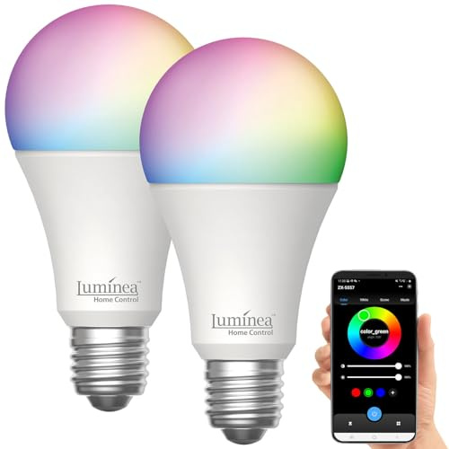Luminea Home Control LED-Glühbirne kaltweiß: 2er-Set WLAN-LED-Lampen, E27, Matter-kompatibel, RGB, CCT, 806 Lumen (Glühbirne E27 warmweiß dimmbar, Leuchtmittel bunt, Farbe)