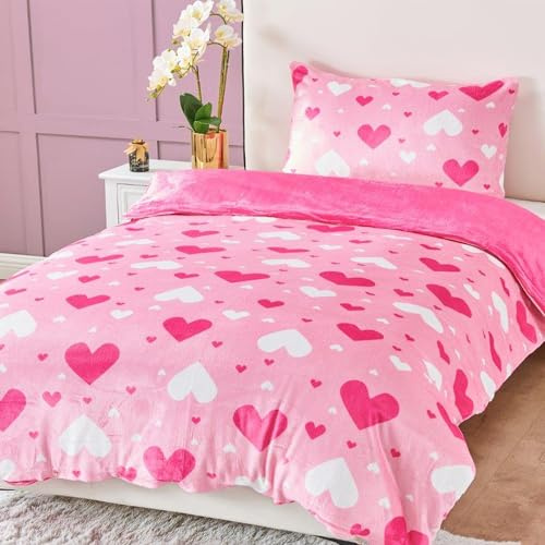 Lions - Hearts Pink - Teddy Fleece Bedding - Single Duvet Cover Set (137x200cm) with Pillowcase - Soft Reversible Warm Cosy Printed Quilt Covers for Girls, Kids Pink Bed Sets