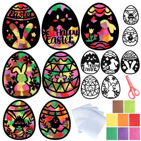 BOOMTOP 14 Stück Fensterbilder Basteln Ostern Kinder Ostereier Bastelset Osterhasen Bunte Fensteraufkleber Blumen zum Basteln Frohe Ostern Fenster Dekoration mit Buntglas-Effekt