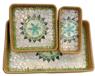 SZETOSY - Bandeja de ratán para servir con inserto de nácar, 3 unidades, rectangular, bohemio, decorativo, para desayuno, bandeja tejida para pan, fruta, comida, café