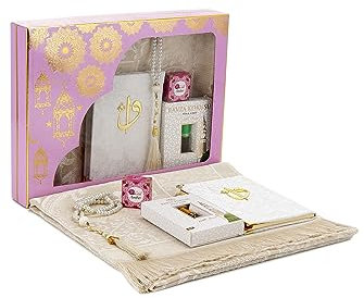 ihvan online Islamische Gebets-Geschenkbox, Muslimischer Gebetsteppich, Yaseen-Buch, Gebetsperlen Tesbih, Fester Duft, Ravza-Duft, 6-teiliges Gebetsteppich-Set für Ramadan, Eid-Geschenke, Rosa/Set 1