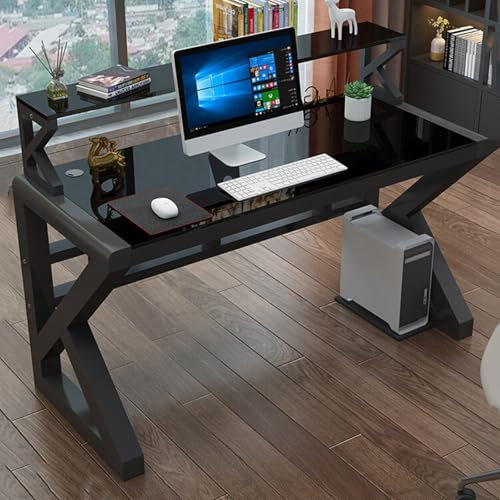 SDCGB Mesa Gaming Pequeño Moderno, Escritorio de Ordenador Cristal Templado con Estante de Almacenamiento Escritorio Robusto para Oficina en Casa(47 Inch, Black)