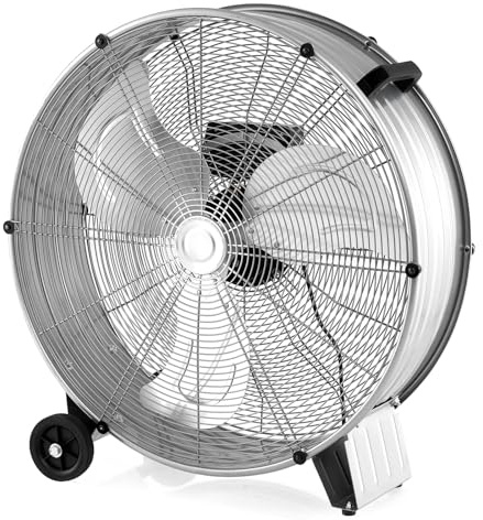GOPLUS Ventilateur de Sol Industriel à Roulettes avec 3 Vitesses, 180W, Ø60CM, Brasseur d'Air à Tambour, Bouton d’Ajustement, Poignée Latérale, Idéal pour Garage, Atelier, Entrepôt,90BD (Argent)