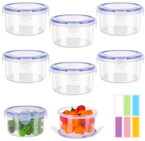 ELLECILA 6Pack Plastic Airtight Food Storage Containers with Category Tags, Round Food Storage Containers with Lids, Stackable Reusable Container Storage Set for Friut, Yoghurt, Snack(300ml)