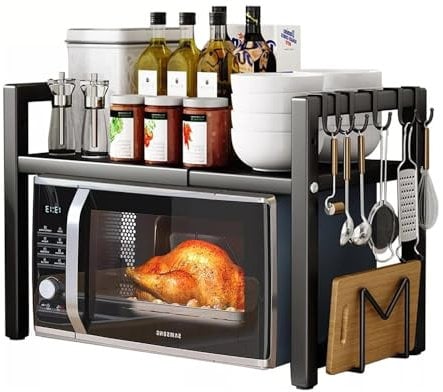 2-Tier Expandable Microwave Oven Rack for Kitchen, Kitchen Counter Top Organizer with 6 Hooks, Microwave Stand Baker’s Rack Metal (Black Metal 2-Tier)