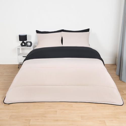 OHS Coverless King Size Duvet 10.5 Tog, Super Soft Warm Microfibre Quilted Reversible Lightweight Comfortable For All Season Washable King Size Duvet with Pillowcases - Black/Stone