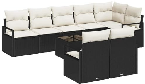vidaXL 8-teiliges Garten-Sofa-Set mit Kissen in Schwarz aus Poly Rattan – modulare Outdoor-Sitzgruppe für Terrasse und Balkon, modernes rechteckiges Lounge-Arrangement