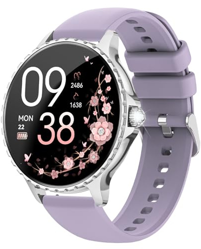 AIMIUVEI Reloj Inteligente Mujer, 1.27 Smartwatch Mujer con Llamadas, Función Femenina, 24H Frecuencia Cardíaca/SpO2/Sueño, 120+ Modos Deportivo, IP68 Fitness Tracker Android iOS Plata(Correa Morado)