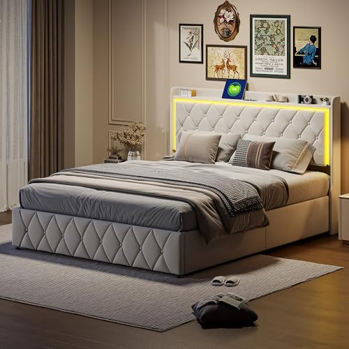 DAHUEN Polsterbett 160x200 cm mit LED-Beleuchtung, Doppelbett mit Stauraum, Hydraulisches Bett Bettgestell mit Lattenrost aus Holz und Bettkasten, Boxspringbett Stauraumbett (Beige, 160X200CM)