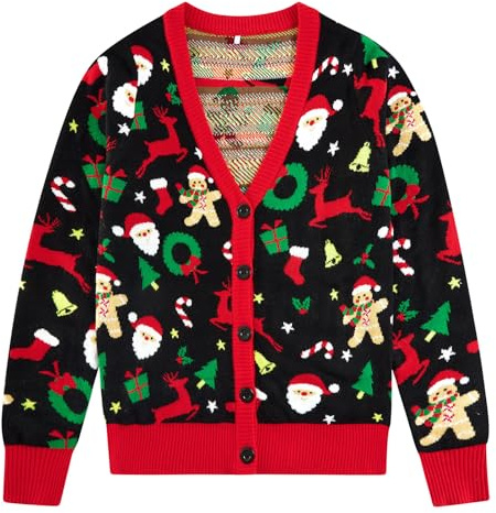RAISEVERN Weihnachtsjacke Damen Weihnachtsmann Rentier Strickjacken Cardigan Hässliche Lebkuchenmann V-Ausschnitt Pullover Lustige Sweater Frauen Geschenk, XL