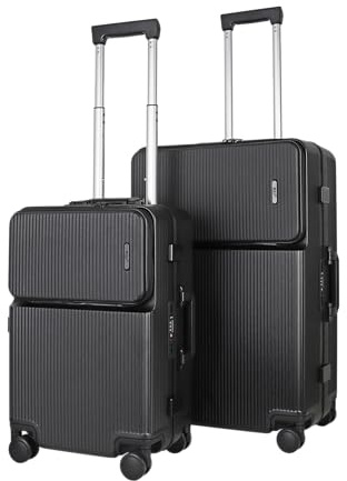 JLY 2-Piece Suitcase Set – Covestro Polycarbonate Small Cabin & Large Check-in Luggage with Front Lid Access, Cup Holder, Bag Hook, Spinner Wheels & TSA Locks – Midnight Black