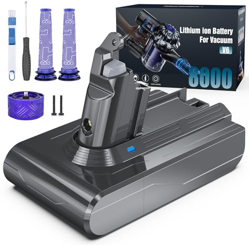 Morpilot 8000mAh Batterie pour Aspirateur Dyson V6 DC62 SV03 Animal Pro Fluffy Absolute Trigger SV09 SV05 SV06 SV07 DC59 DC61 DC58 DC72 DC74 avec 2 Pre-filtres, 1 Post-Filtre et Tournevis