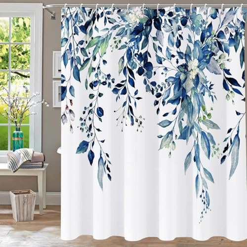 AUWUUA Tenda da doccia in eucalipto blu 70x190 cm, set di tende da doccia con foglie acquerellate, tende da bagno floreali con foglie di piante per vasche da bagno, arredamento per hotel con ganci