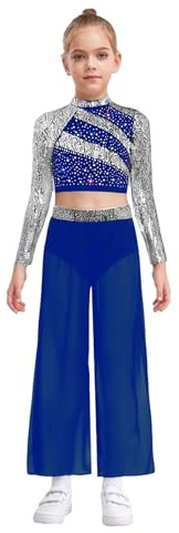 Agoky Mädchen Zweiteiler Tanzbekleidung aus Langarm Pailletten Streifen Tanzshirts Rollkragen Crop Top + Dance Slip mit Chiffon Overlay Weite Hose Jazz Pants Dancewear
