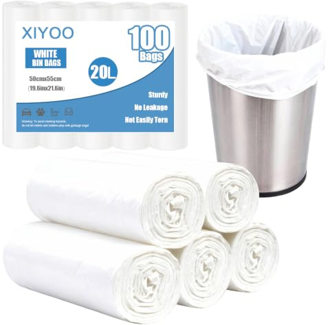 XIYOO White Bin Bags 20l Pedal Bin Liners Small Garbage Bags Strong Plastic Rubbish Bags for Bathroom,100 Counts,Fits 15-25L Trash Bins