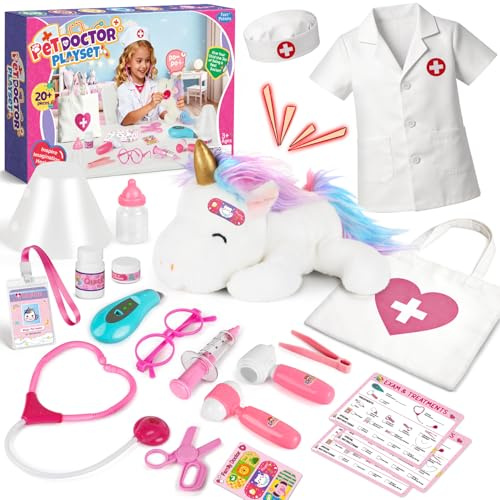 Kinder Arztkoffer, Tierarzt Spielzeug Set mit Plüsch Einhorn & Arztkittel, Rollenspiel für Kinder ab 3 4 5 6Jahren, Geschenk Weihnachten und Geburtstag