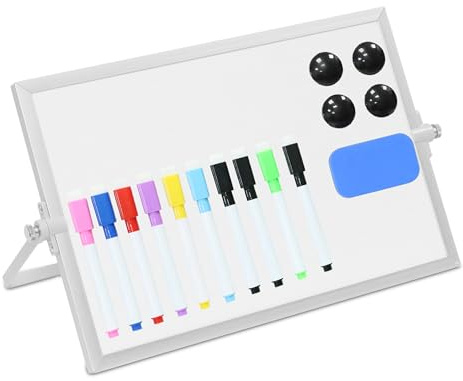 Relaxdays Whiteboard Tisch, 20x30 cm, magnetisch, 360° drehbar, mit Stiften, Magneten, Schwamm, Magnettafel, weiß/silber