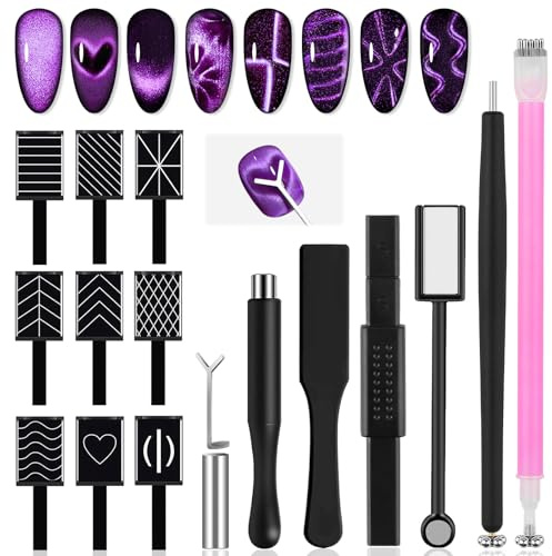 TOROKOM 17-teiliges Cat Eye Nagelmagnet Set – Magnetische Stahlkugel-Pens | Doppelkopf-Magnetstift, Y-förmiger & Quadratischer Magnet, 9 Design-Magnetplatten für Nail Art, DIY & Profi