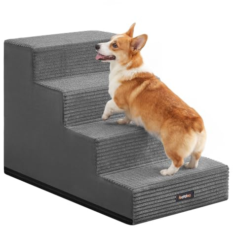 Feandrea Hundetreppe, 4 Stufen, aus Schaumstoff, 62 x 40 x 44 cm | Katzentreppe, Hunderampe für Kleine Hunde, Waschbare Haustiertreppe, Schiefergrau, BADDI Kollektion PPS024GN01