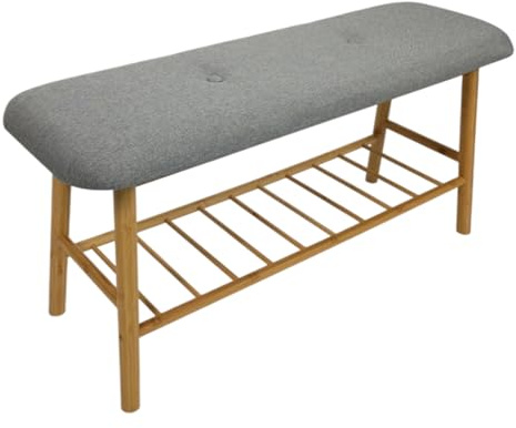 Begryf Schuhbank mit Sitzpolster 90 x 30 x 43 cm, Bambus Sitzbank mit Ablage, Flurbank mit grauem Polster, Schuhregal Bank für Flur Schlafzimmer Bad