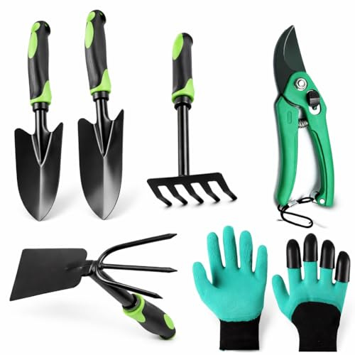 Gartenwerkzeug Set 6-teilig mit Gartenschere und Gartenhandschuhen mit Krallen, breiter und schmaler Pflanzschaufel, Handrechen und Hacke für Umtopfen, Jäten und Bodenlockerung