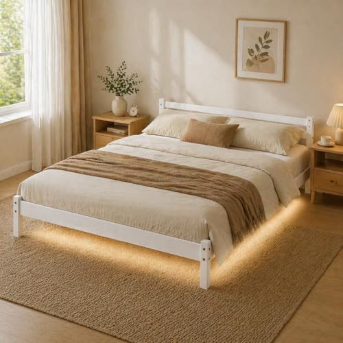 FurnitureR Massivholz Doppelbett 140x200 cm mit LED Beleuchtung, Kiefernholz Bettgestell, Niedriges Kopfteil, Stabile Lattenrost-Unterstützung, Bett mit Stauraum, Weiß