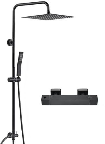 Auralum Duscharmatur Komplettset mit Thermostat, Duschsystem Schwarz mit 30cm Edelstahl Regendusche eckig, Handbrause, Thermostat und Höhenverstellbarer Duschstange, Duschgarnitur, Duschset