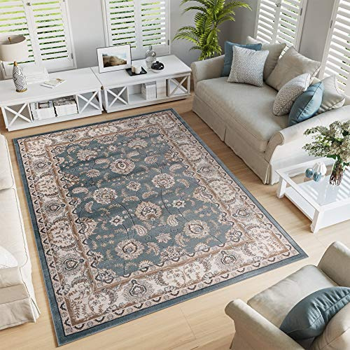 TAPISO Colorado Teppich Kurzflor Blau Beige Blumen Muster 60 x 100 cm | strapzierfähiger Teppich Wohnzimmer Klassisch Orientalisch Ornament Muster Orientteppich OEKO-TEX