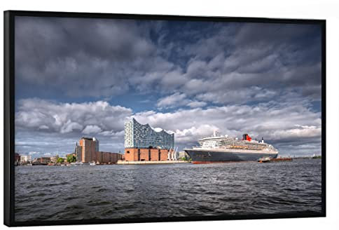 artboxONE Poster mit schwarzem Rahmen 90x60 cm Hamburg Städte Elbphilharmonie & Queen Mary 2 - Bild elbphilharmonie