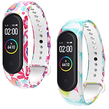 WD&CD Cinturini Compatibile per Mi Band 3/ Mi Band 4, Cinturini in Silicone, Sportivo Colorato Regolabile Bracciali Compatibile per Xiaomi Band 3/4-2 Pezzi (Tipo di Floreale: Verde, Rosa)