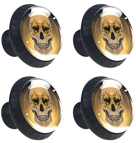 Lot de 4 boutons de meubles ronds en verre cristal coloré avec tête de mort et impression dorée