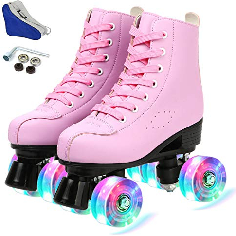 Simanli Rollschuhe für Damen, 4 Räder, Rollschuhlaufen, PU-Leder, für drinnen und draußen, zweireihige Skate, Schuhe mit Tasche (Pink Flash, 39)