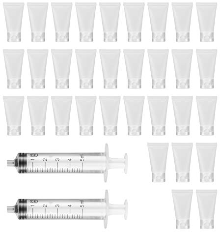 Yibaijia 32 PCS 30ml Refillable Tubes Bottle, Travel Makeup Container, Cosmetic Sample Bottles with 2 PCS Dispensing Tool for Shampoo, Facial Cleanser, Body Lotion Shower, Gel