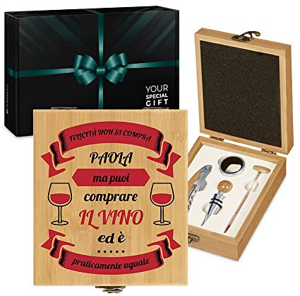 Maverton Set di Accessori da Vino - Kit Cavatappi da Vino Degustazione Perfetta Personalizzato - Scatola in Legno di bambù + 4 Pezzi di Accessori Vino - Regalo Donna - Felicità
