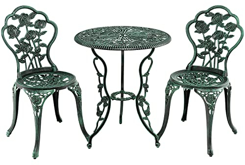 GOPLUS 3tlg. Bistroset, Ø60cm Bistrotisch mit 2 Stühlen, Gartenset Balkonset aus Aluminiumguss, Balkonmöbel Gartenmöbel Set, Sitzgruppe antik für Garten Balkon Hof Terrasse Pool (Grün)
