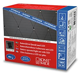 Konstsmide LED Lichternetz, mit Lichtsensor und 6h und 9h Timer, gefrostet, 40 warm weiße Dioden, batteriebetrieben, Außen (IP44), schwarzes Kabel - 3723-130