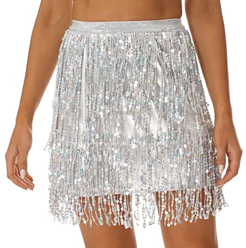 Aiihoo Damen Glitzer Rock Pailletten Quaste Bauchtanz Hüfttuch Gürtel Bleistiftrock Fransen Tanzrock Mini Rock Bauchtanz Kostüm Dancewear Silber A XL
