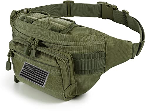 FRTKK Taktische Bauchtasche Militär-Hüfttasche mit USA-Flagge Patch Utility Hip Pack mit verstellbarem Riemen für Outdoor, Angeln, Radfahren, Camping, Wandern, Army Green 2, Bauchtasche