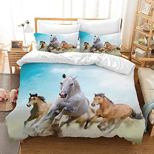 Set di biancheria da letto per cavalli con stampa 3D, in morbida microfibra, con motivo cavalli, con chiusura lampo e federa, per bambini, ragazzi, ragazzi e ragazzi (220 x 240 cm, Three Horses)