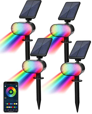 BLOOMWIN Focos LED Exterior Solares Jardín Colores - 4 Pack RGBW Cambio de Color Luz Solar Exterior Impermeable IP65 con Bluetooth APP Control, Lamparas de Césped Foco Proyector Múltiples Funciones