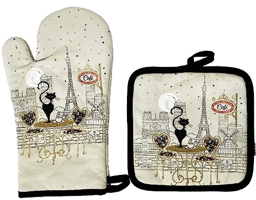 Set manique et Dessous de Plat - Motif Paris Tour Eiffel avec Un Chat au Restaurant