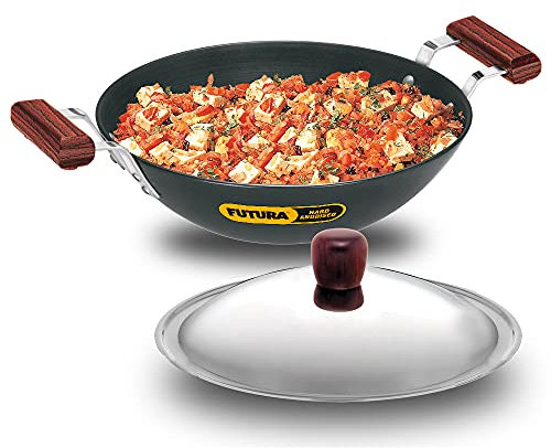 Aakrati IL26 Induction Compatible Hard Anodized Flat Bottom Deep Fry Pan/Kadhai with Stainless Steel Lid, 3.75 Liter
