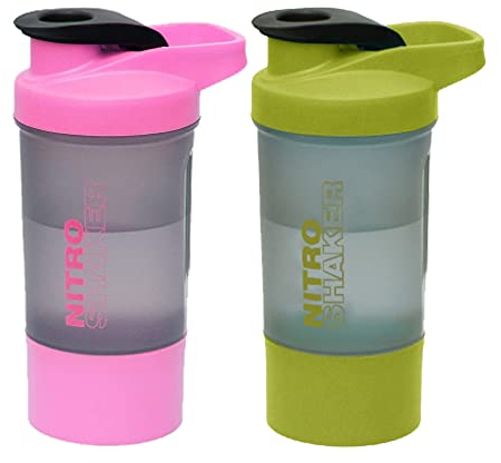 Set of 2 - 600 ML Plastic BPA Free Protien Shaker Bottle with Storage Compartment for Protein Powder Supplements Measurement Scale Steel Mixing Ball Leak Proof Flip Cap Screw Lid (Pink & Green)