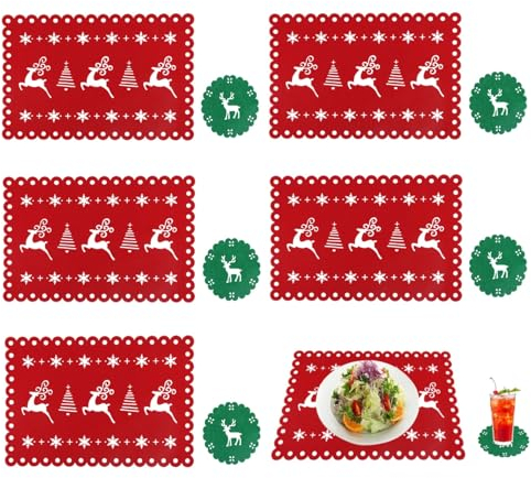 Tischset Weihnachten (43*30 cm), Darryy 6er Set Platzset Weihnachten, Tischdeko Weihnachten, Weihnachtstischset Filz, Inklusive 6 Tischsets (43*30 cm), 6 Untersetzer (10.5*10.5 cm),Filz,Rot,Grün