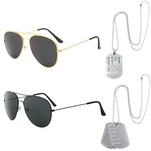 EUPSIIU 4 Stück Flieger Captain Kostüm für Männer Damen Armee Taktische Accessoires Sonnenbrille Erkennungsmarke Armee Militärmütze Zubehör Captain Fancy Dress für Halloween Kostüm Dress up (4PCS)