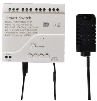 Modulo interruttore luce intelligente 4CH, relè Tuya Smart 7-32V WiFi a 4 canali con sensore di umidità della temperatura Interruttore passivo a contatto secco RF433 Compatibile con Alexa